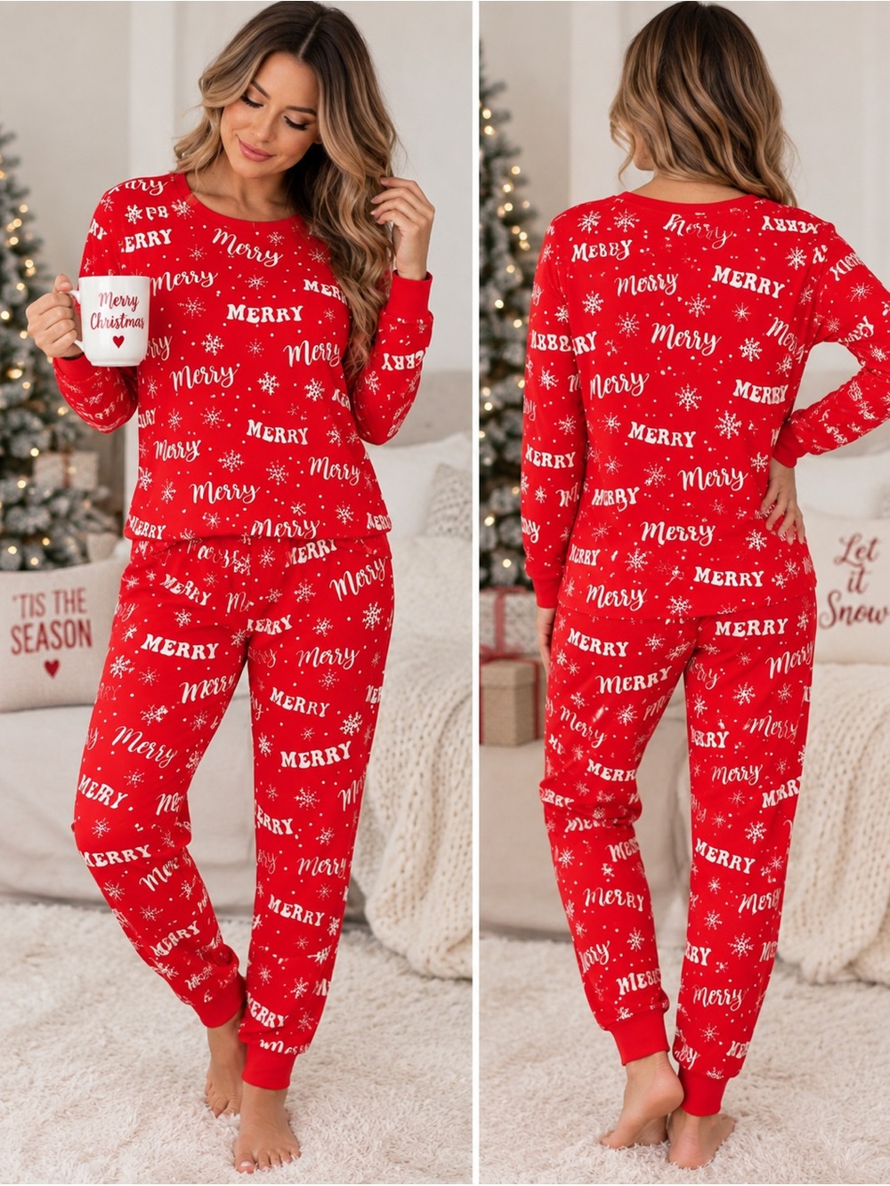 Holiday Time Women’s Christmas Pajama Set Red Merry Snowflake Top M Bottoms S